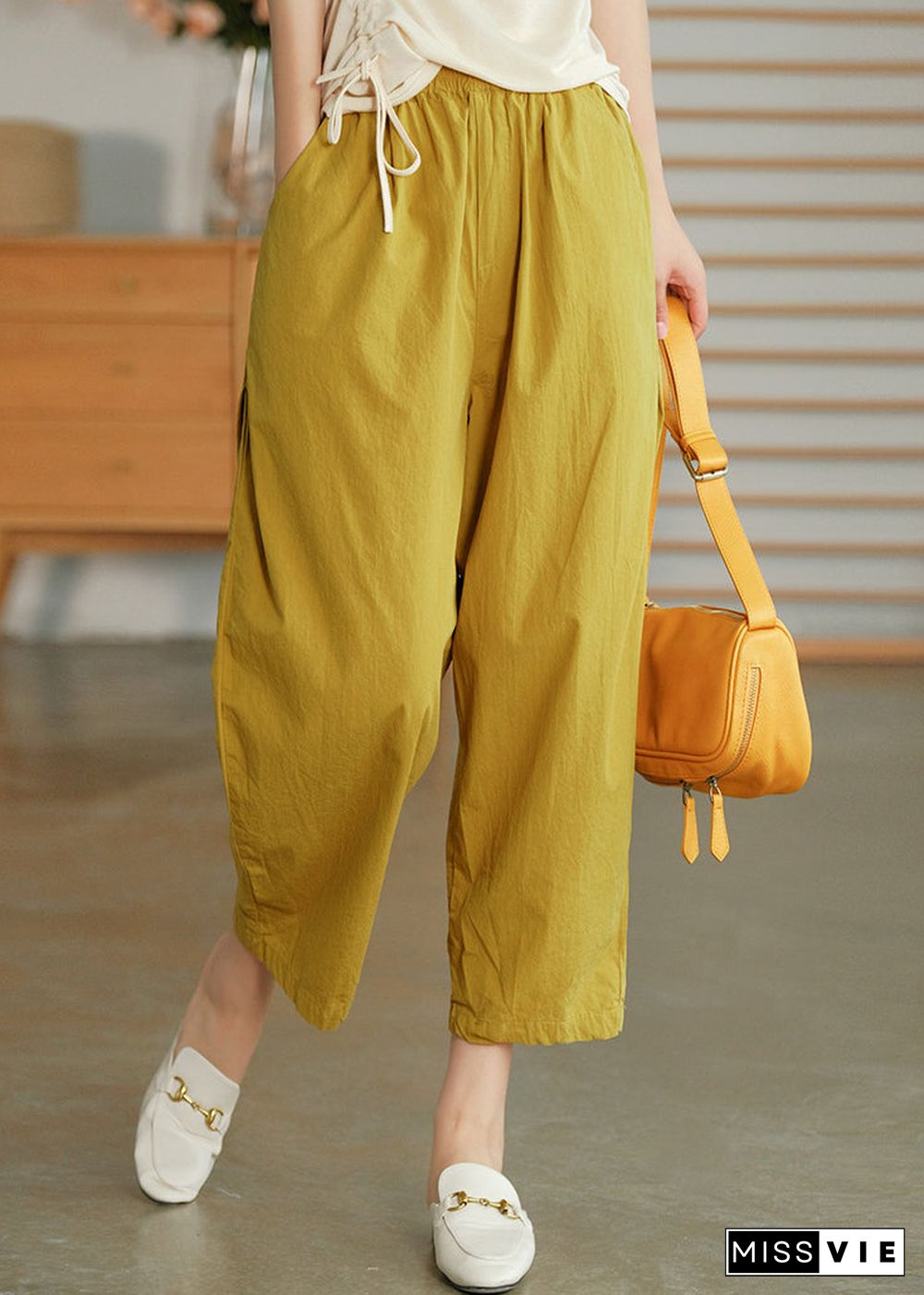 Plus Size Yellow elastic waist Pockets Pants Spring