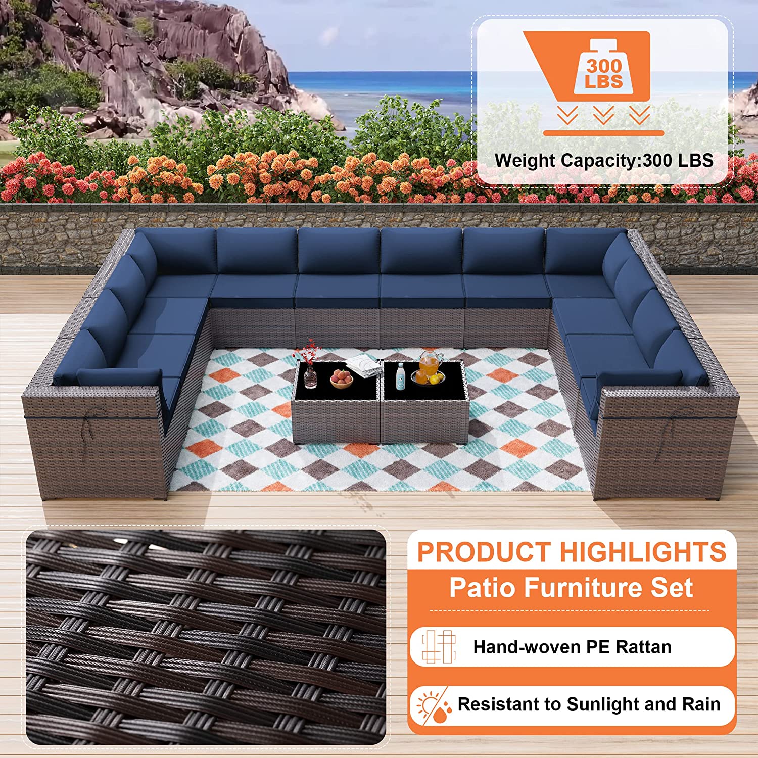 Gotland Outdoor Patio Furniture Set 14 Pieces Sectional Rattan Sofa Set PE Rattan Wicker Patio Conversation Set with Seat Cushions and Tempered Glass Table,navy blue