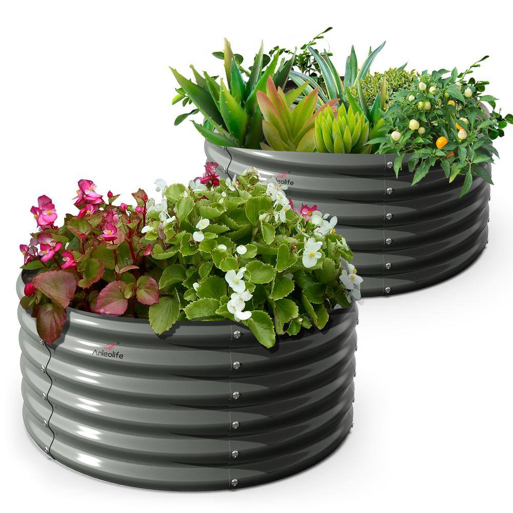 Cesicia 4 ft. L x 1.5 ft. H Gray Round Galvanized Steel Raised Garden Bed Above Ground Modular Planter Boxes(Set of 2) ANG005bedwy