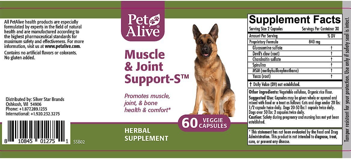 PetAlive Muscle and Joint Support-S Dog and Cat Supplement， 60 count