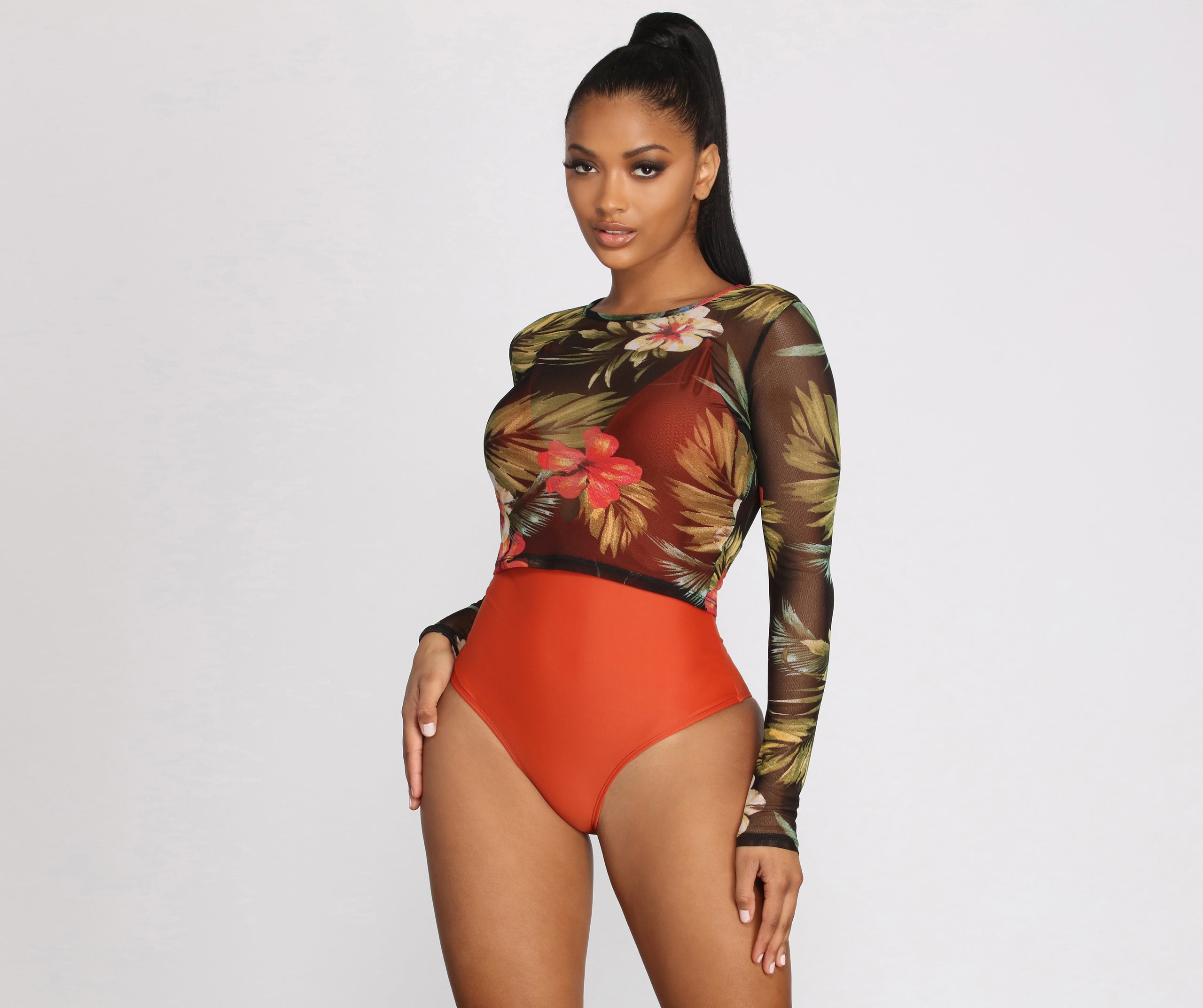 Tropical Long Sleeve Mesh Crop Top