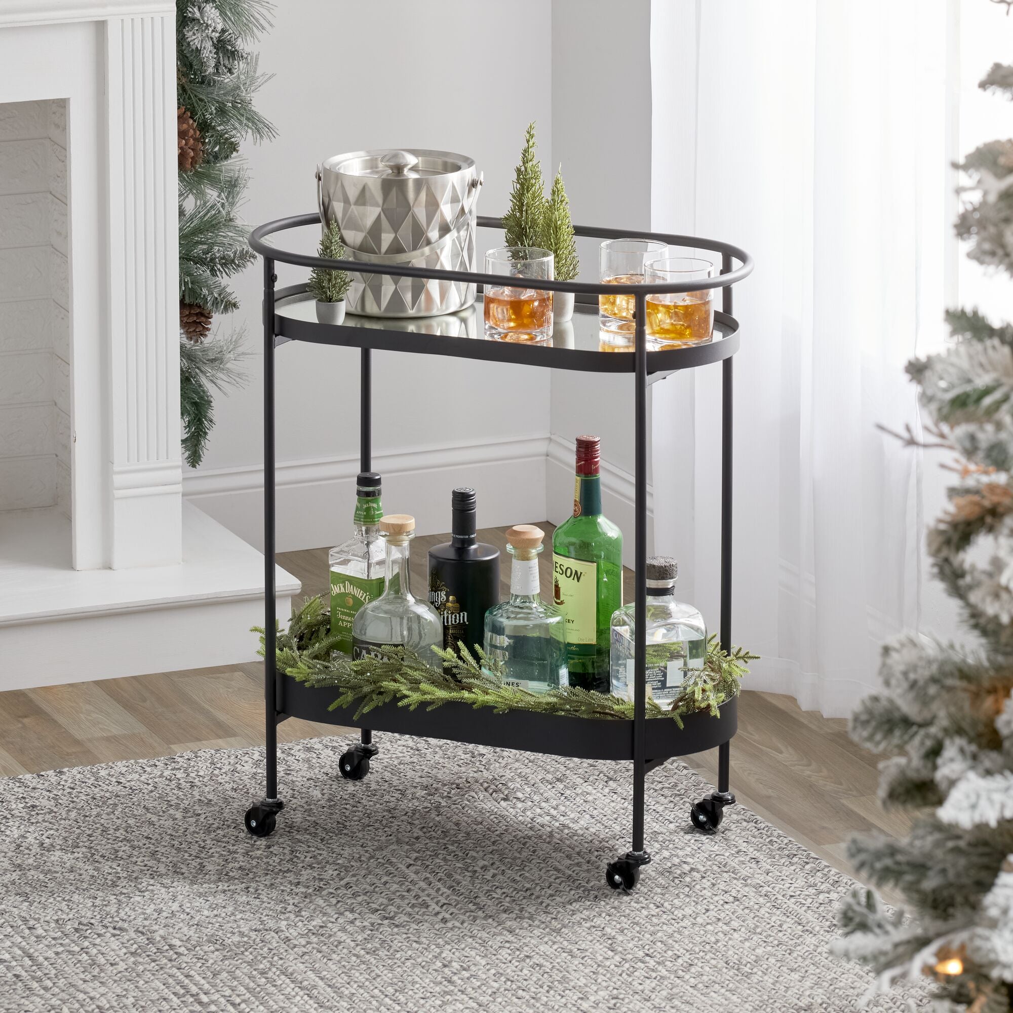 mDesign Stylish Modern Mirror Tray Top Rolling Serving Bar Cart - 2-Tier Oval Home Drink Rack Trolley Kitchen Furniture with Wheels for Wine， Coaster， Glass， Beer， and Drinks - Matte Black