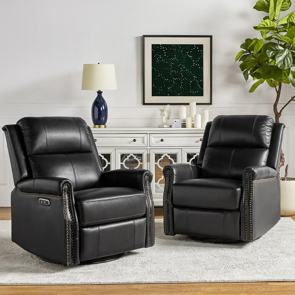 Renato Traditional Genuine Leather Nailhead Power Swivel Recliner Chair with Metal Base Set of 2 by HULALA HOME