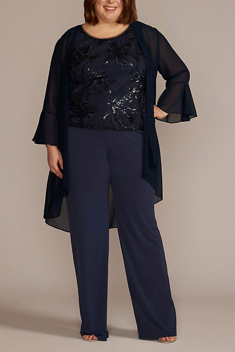 Plus Size Embroidered Floral Sequin Flare Sleeve Three Pieces Set Pant Suits