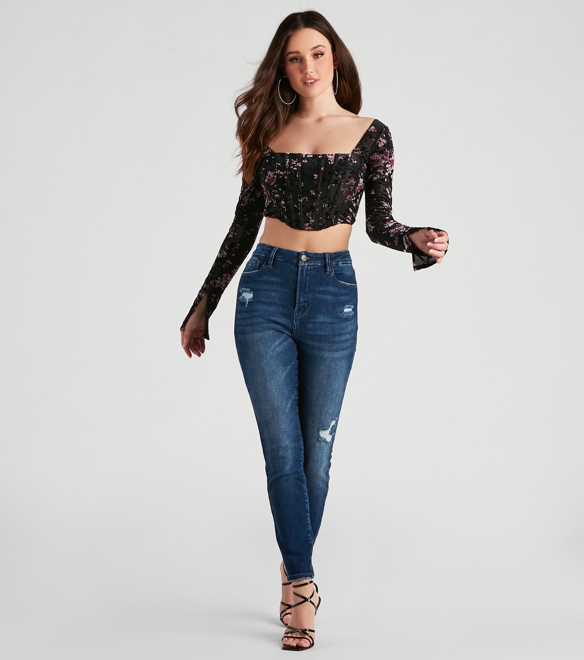 Trendy Florals Flocked Velvet Corset Top