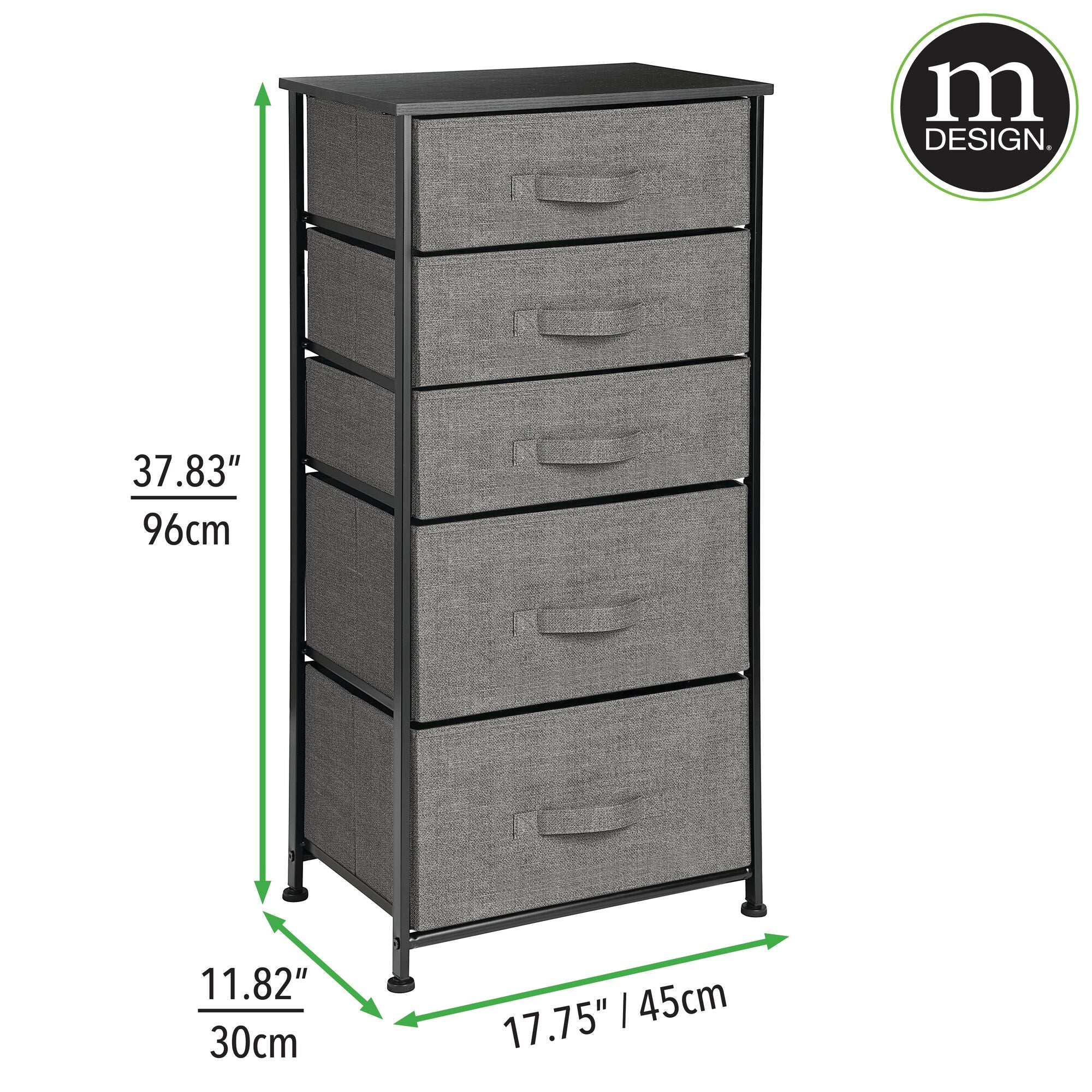 mDesign Storage Dresser Furniture Unit - Tall Standing Organizer Tower for Bedroom, Office, Living Room, and Closet - 5 Drawer Removable Fabric Bins - Charcoal Gray