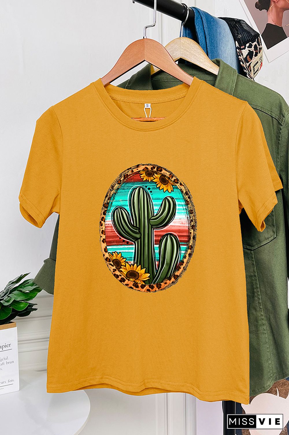 Serape And Sunflower Cactus Sleeve Graphic Tee Wholesale