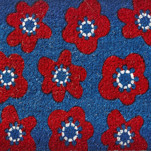 Happy Flower All Over Red Flower Print Rectangle Indoor And Outdoor Coir Door Mat On Bright Blue Background