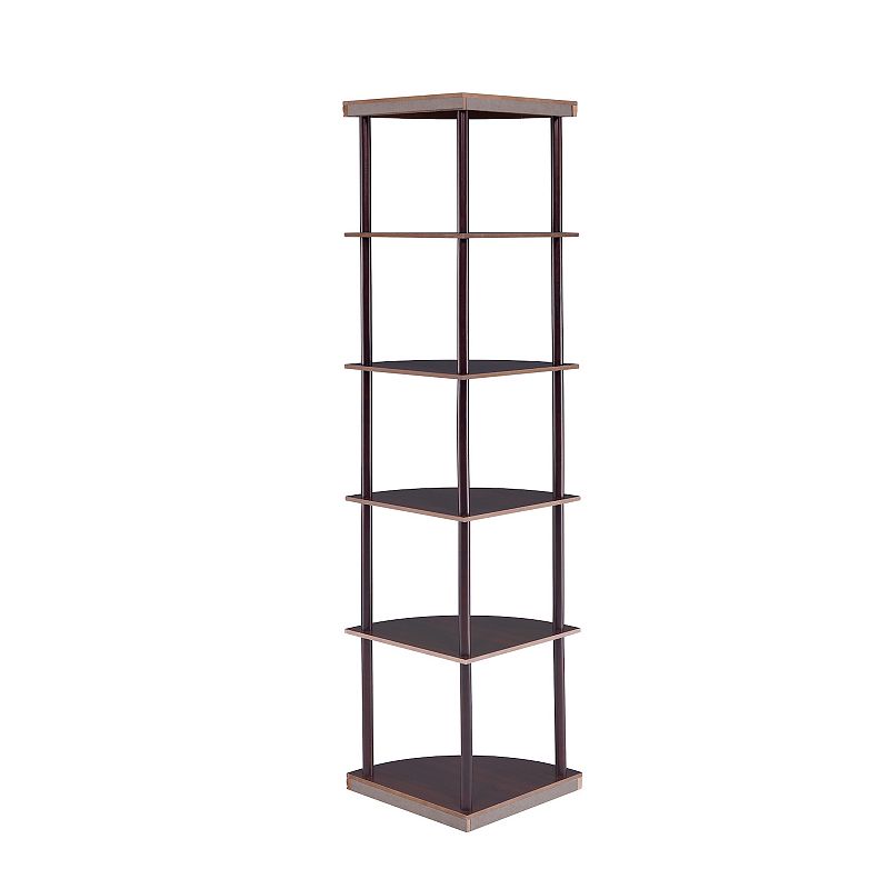 Illuminating corner bookcase with five pie shaped shelves， Brown