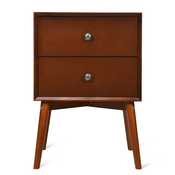 Nightstand Mid-Century End Side Table with 2 Drawers and Rubber Wood Legs - - 35551513