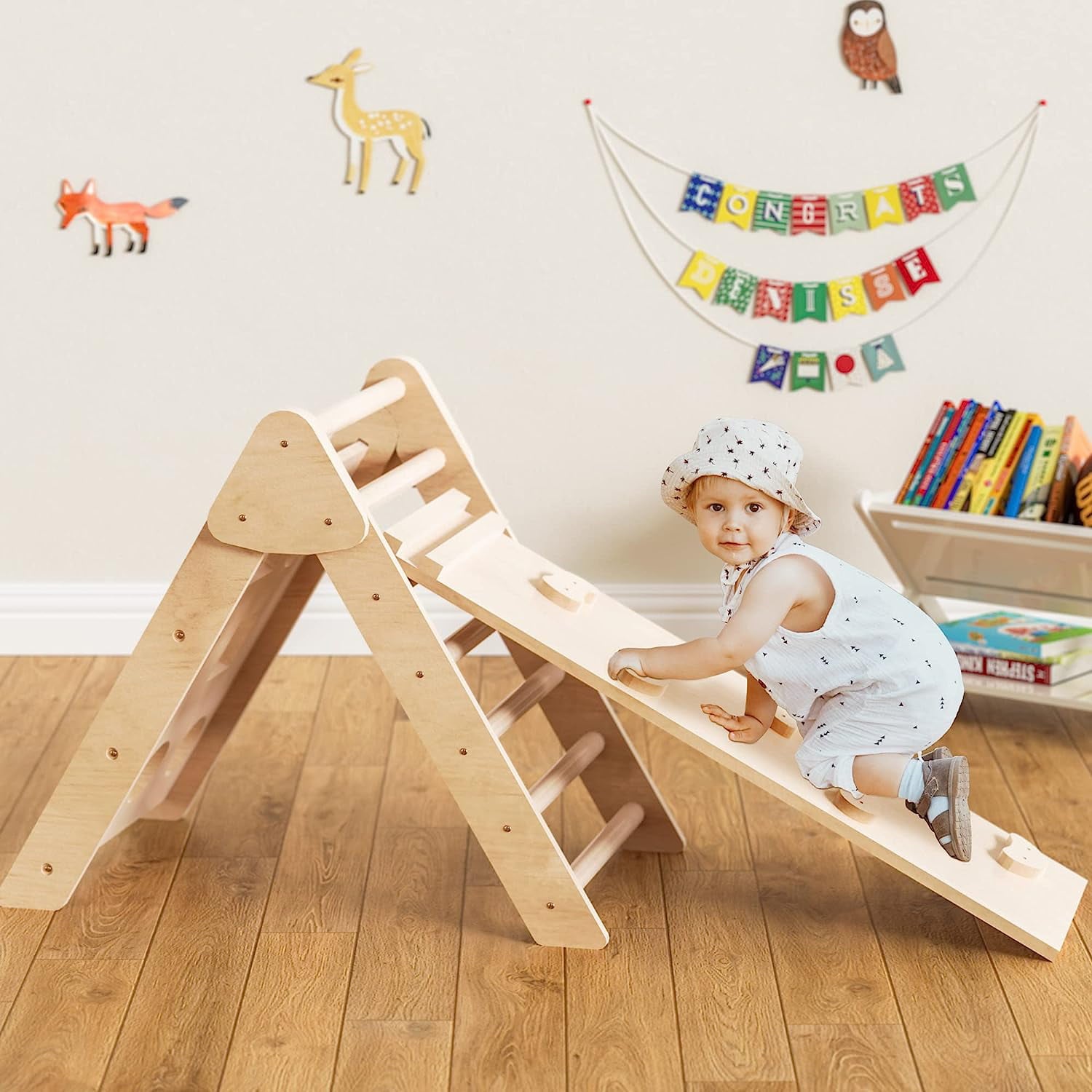 Cozy Castle Oak Wooden Climbing Toys for Toddlers， Foldable Pikler Triangle Climber with Ramp for Sliding or Climbing， 2 in 1