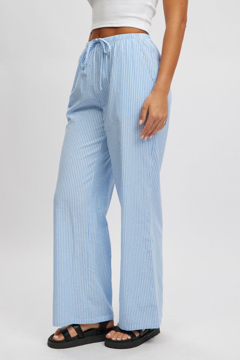 Blue Stripe Wide Leg Pants High Rise