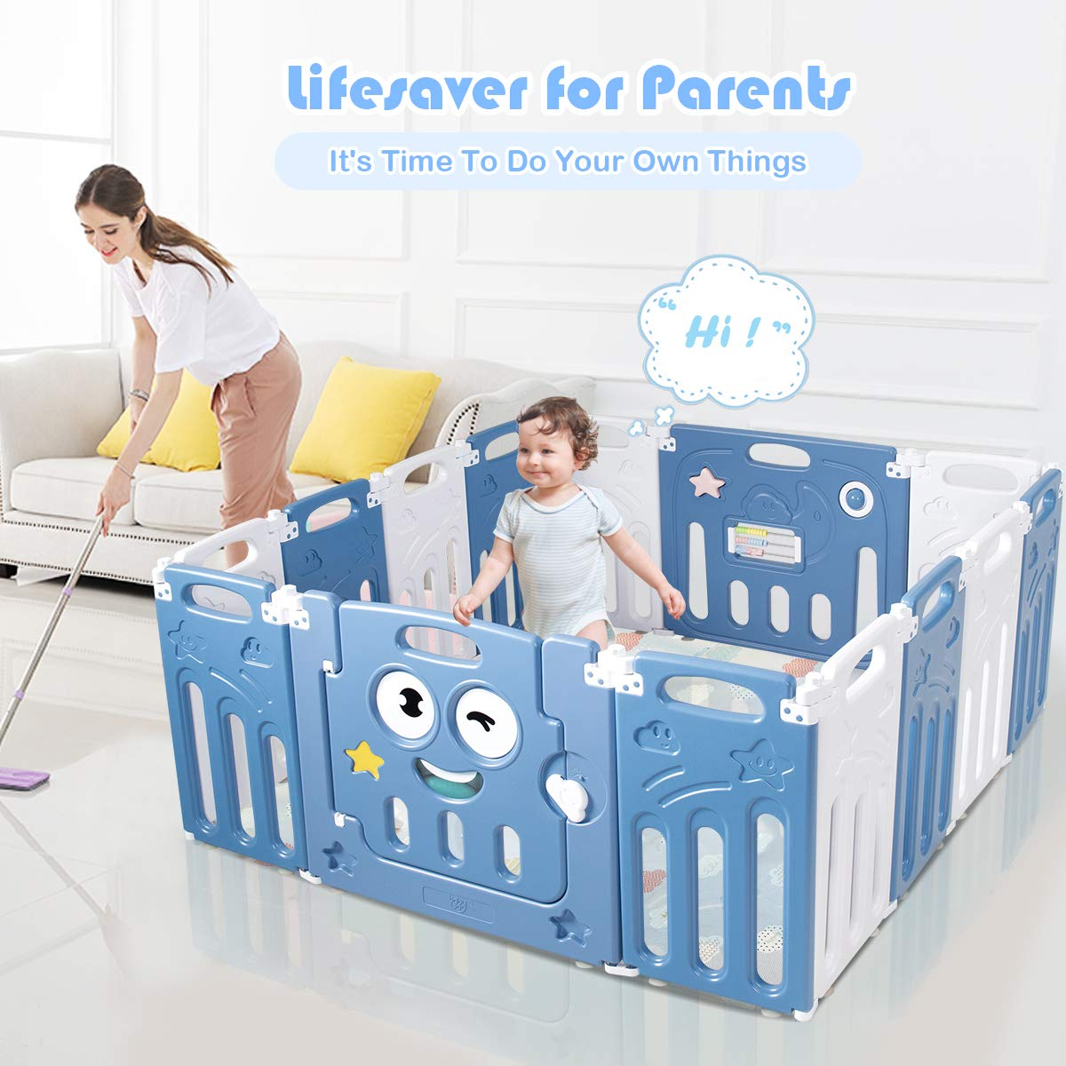 Costzon Foldable Baby Playpen, 14/16-Panel Baby Play Yards with Lock Door & Anti-Slip Rubber Bases