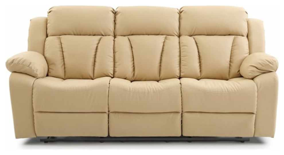 Maklaine Faux Leather Reclining Channel Tufted Sofa in Beige   Contemporary   Sofas   by Homesquare  Houzz