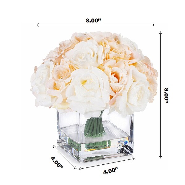 Enova Home Artificial 18 Pieces Fake Roses Silk Flowers Arrangement in Cube Glass Vase for Home Wedding Party Decoration