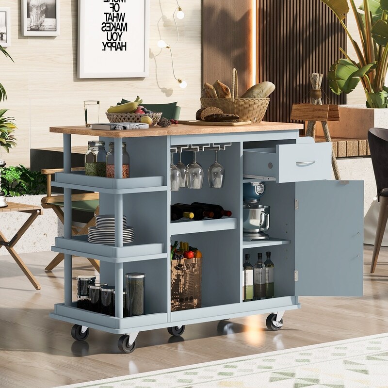 Multipurpose 5 Wheels Kitchen Island Cart Cabinet with Storage Shelves and Wine Rack for Dining Room  Bar