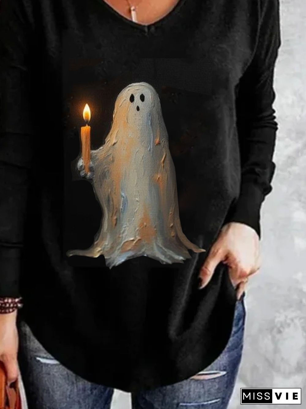 Casual Halloween V Neck Long Sleeve T-shirt