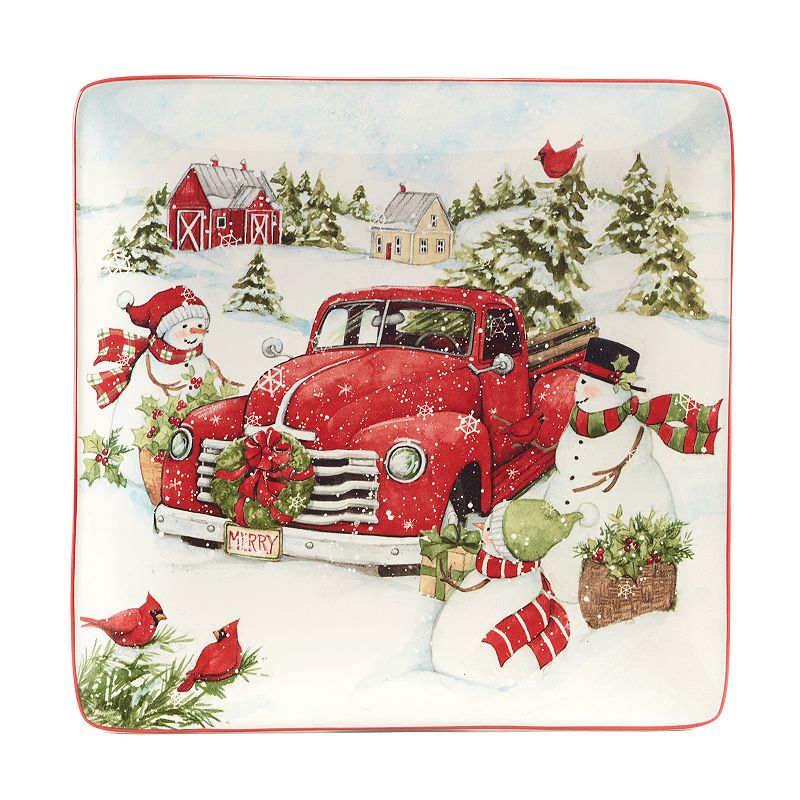 Certified International Red Truck Snowman 4-pc. Dinner Plate Set