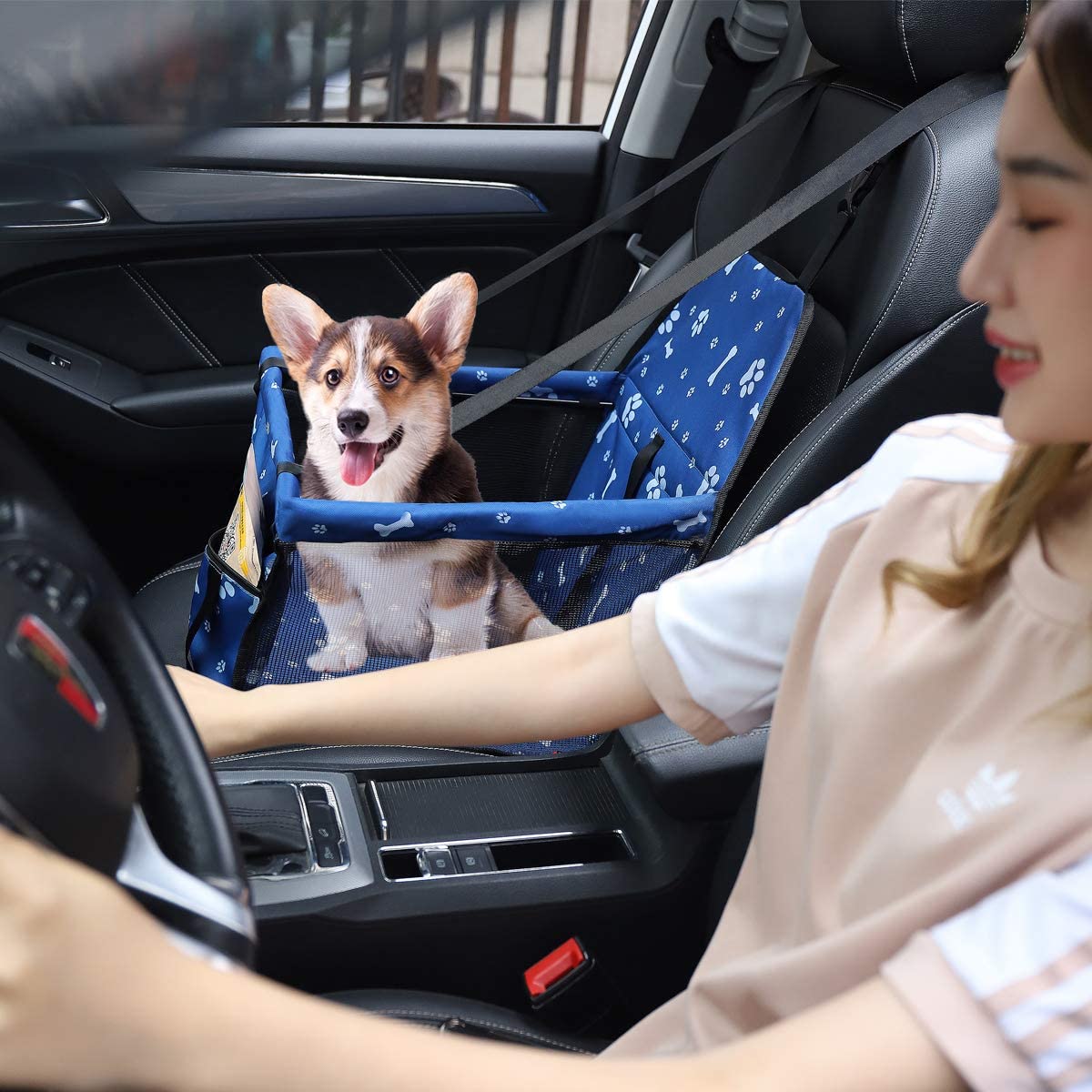 Pet Safety Seat，Small Dog Car Seat，Portable Pet Dog Car Seat Carrier，Foldable Pet Car Seat Belt Pocket Bed，Fixed Pet Box in The Car for Travel