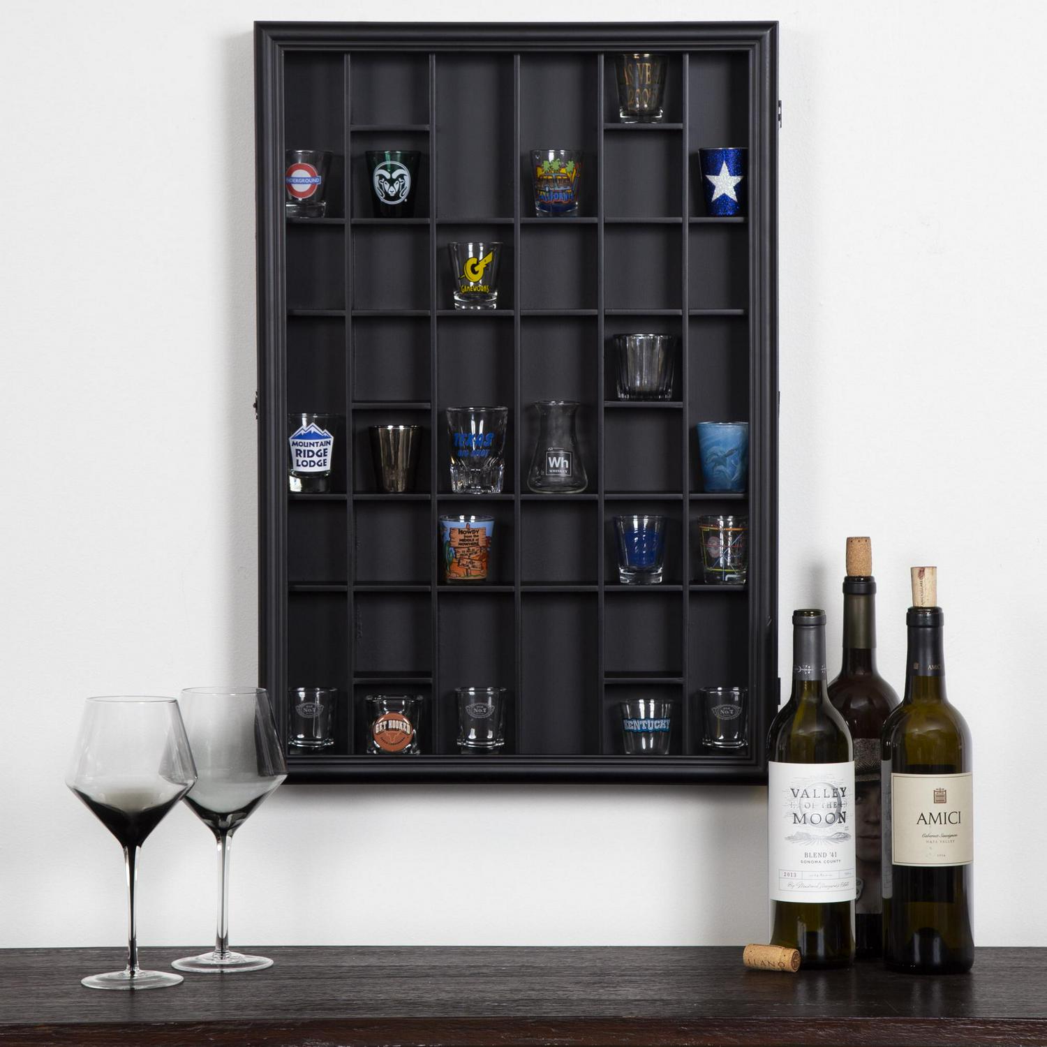 Gallery Solutions 17and#215;21 Shot Glass Display Case with Hinged Front， Black