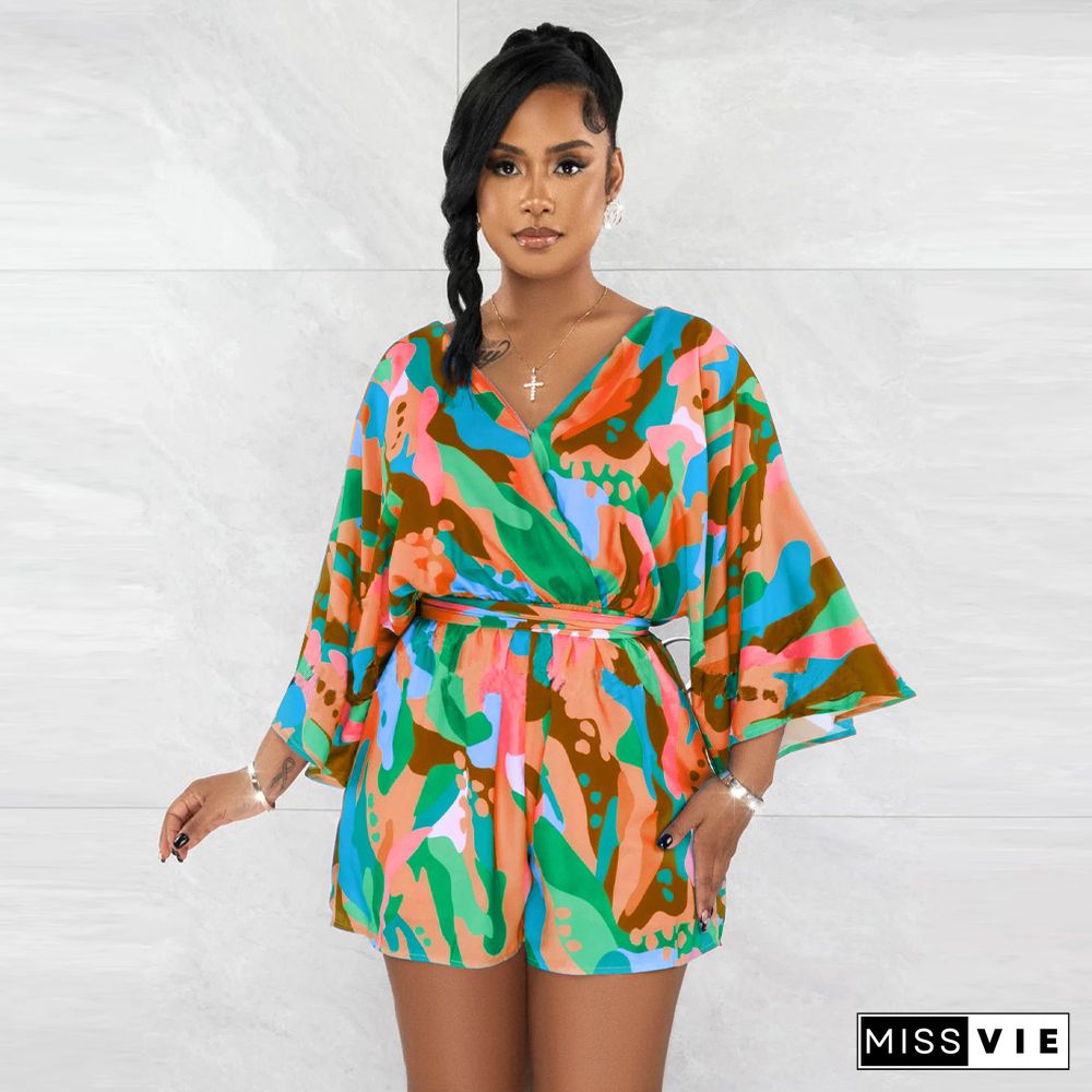 New V-neck Sexy Backless Printed Shorts Jumpsuit