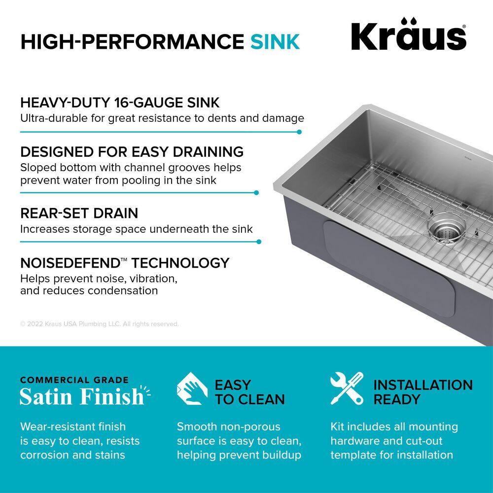 KRAUS Standart PRO 32 in. Undermount Single Bowl 16 Gauge Stainless Steel Kitchen Sink with Accessories KHU100-32