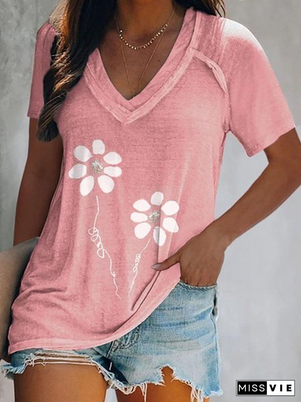 Floral Short Sleeve V Neck Casual T-Shirt