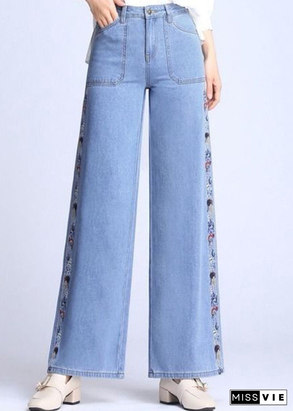 Natural Light Blue Embroideried Pockets Draping Cotton Women's Straight Pants Spring