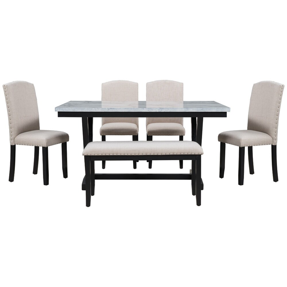 6 Piece Modern Dining Table Set with Chairs  Bench  V Shaped Table Leg