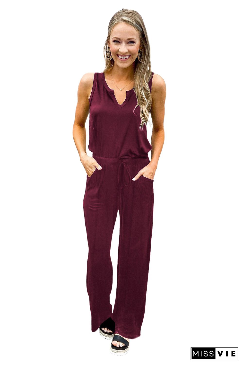 Wine Red Split Neck Drawstring Waist Sleeveless Jumpsuit