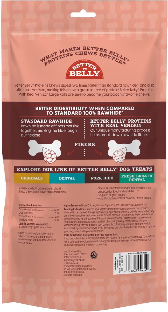 Better Belly Proteins with Real Venison Flavor Rawhide Large Roll Dog Treats