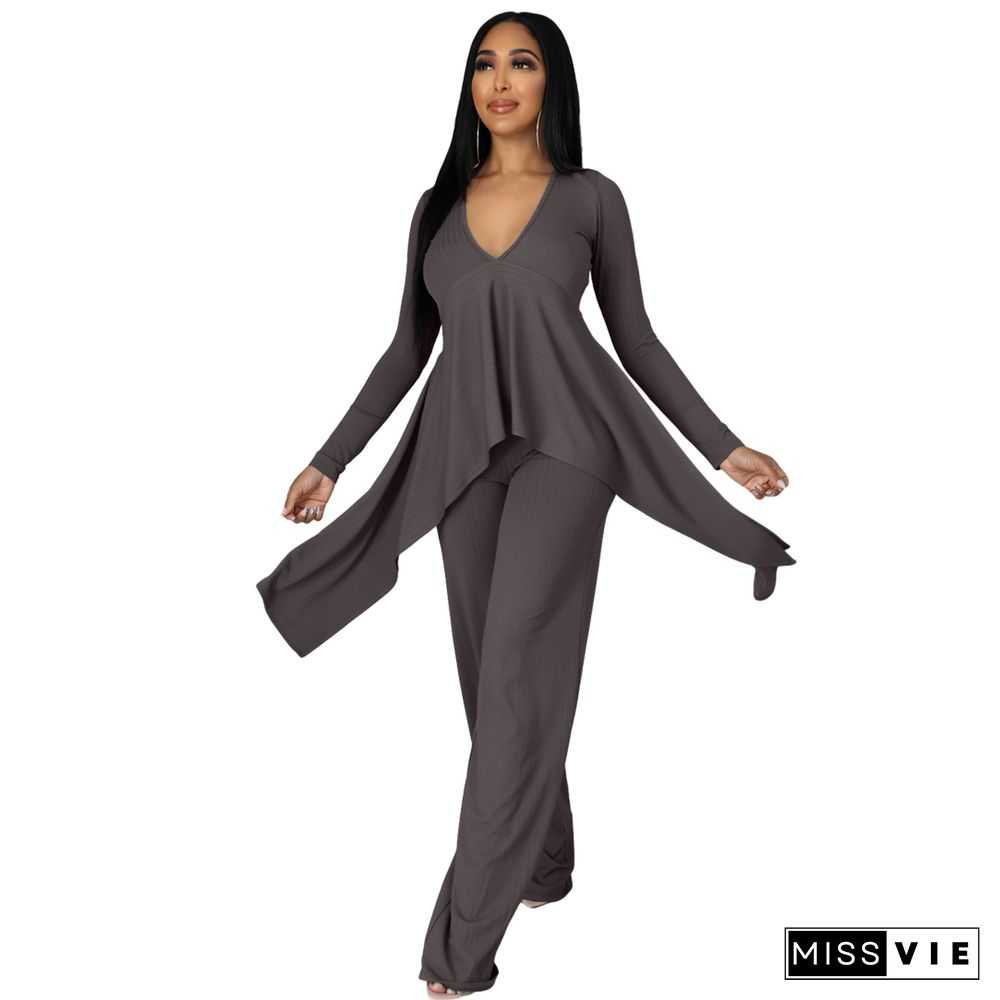 V Neck Irregular Top Straight-leg Pants Set