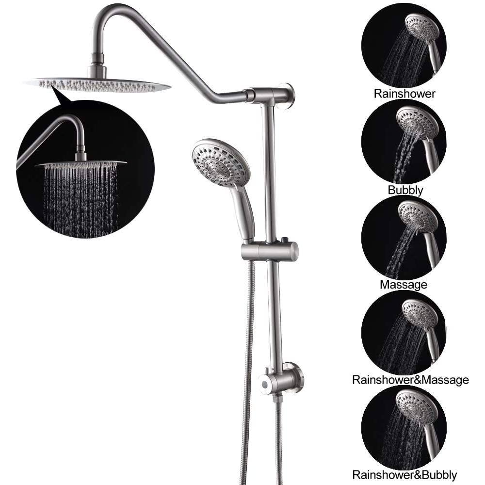 LORDEAR 5-Spray Patterns 10 in. Wall Mount Dual Shower Heads with Adjustable Slide Bar and Handheld in Brushed Nickel H-LS0002C-SS