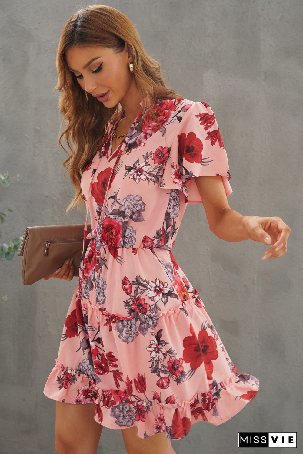 Pink Floral Print Split Neck Flutter Sleeve Flowy Tunic Mini Dress