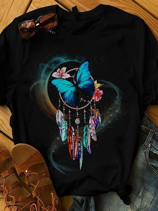 Butterfly Flower Crew Neck Casual T-shirt