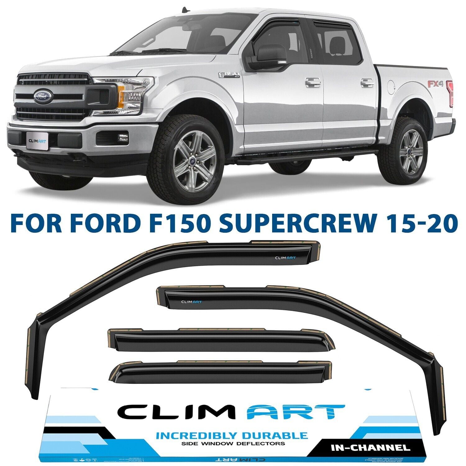 CLIM ART in-Channel Incredibly Durable Rain Guards for Ford F150 2015-2020 SuperCrew， Original Window Deflectors， Vent Deflector， Vent Window Visors， Dark Smoke Truck Accessories， 4 pcs- 615010LP