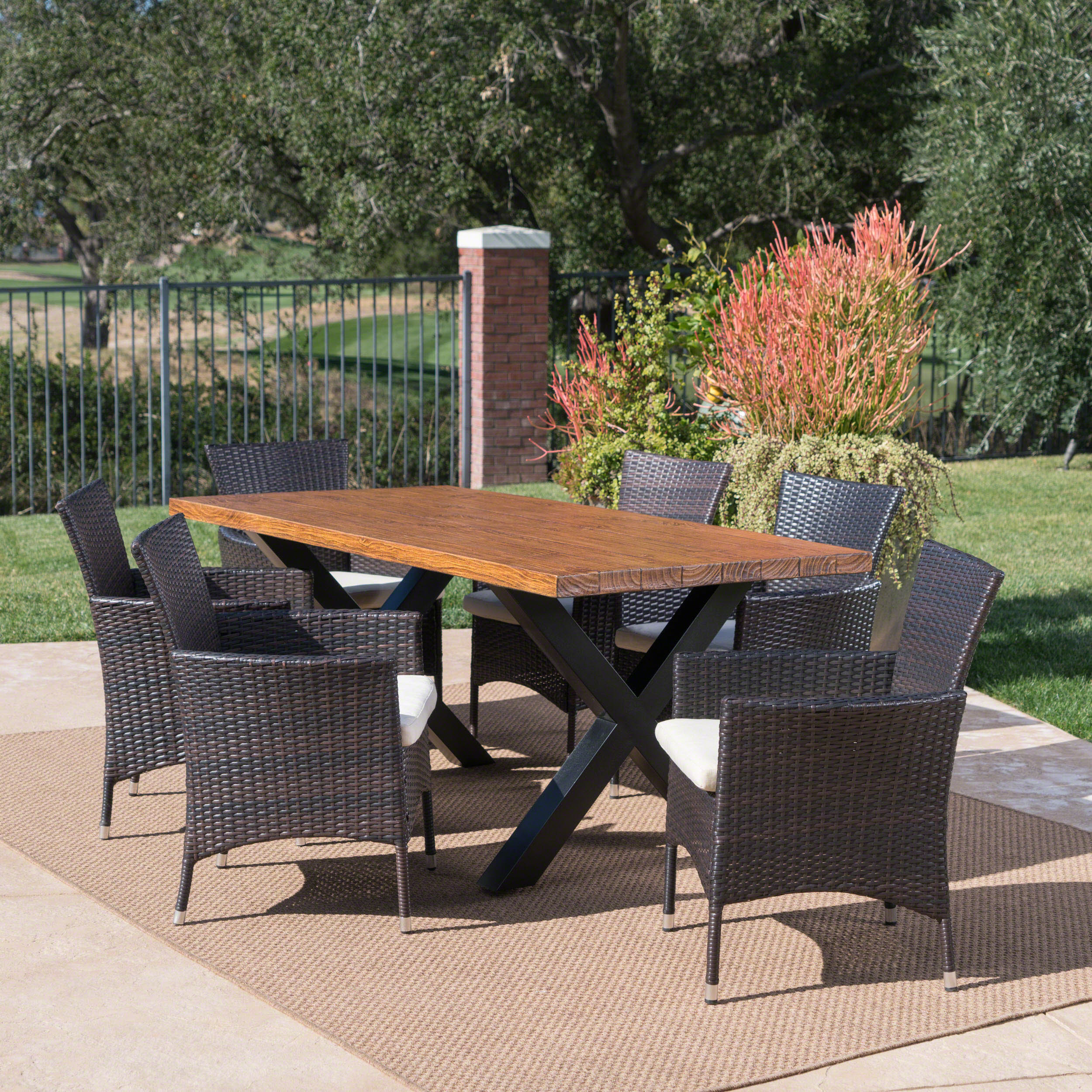 Joyce Outdoor 7 Piece Multi-brown Wicker Dining Set with Concrete Table