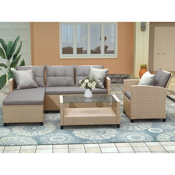 4Piece Wicker Ratten Sectional Sofa with Cushions