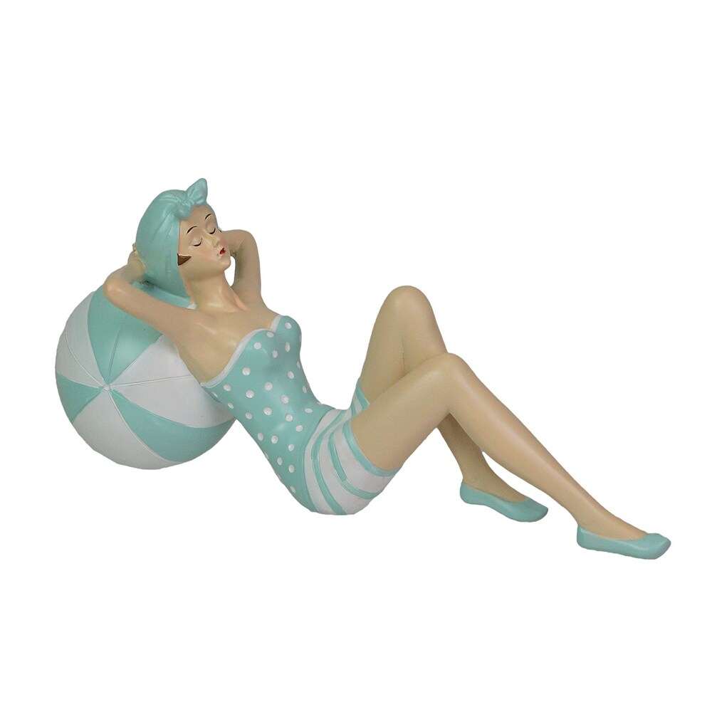 Retro Beach Girl Laying On Beach Ball In Blue Swimsuit Statue   5.5 X 11.75 X 5 inches