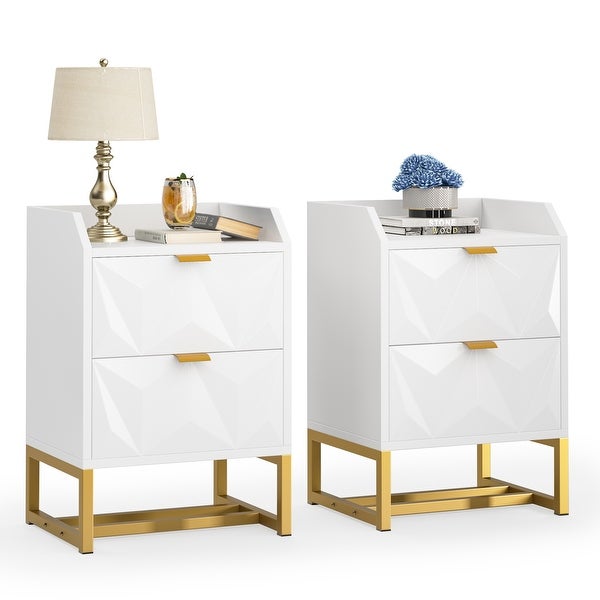 Set of 2 white 2 drawers nightstand， beside end table for living room