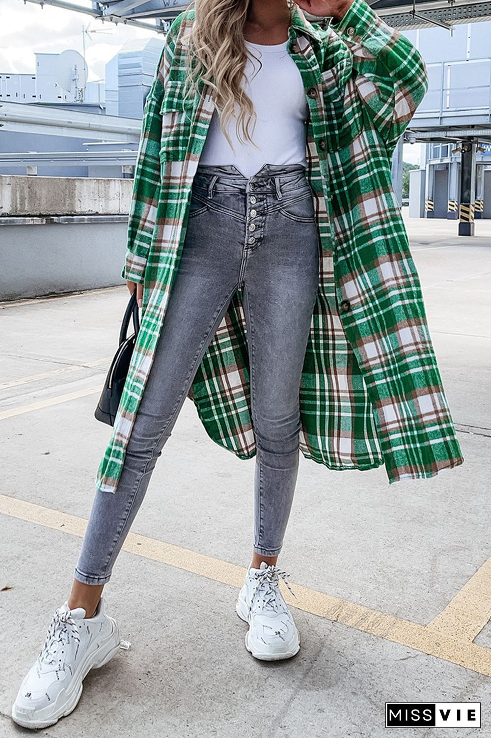 Open Button Pockets Plaid Long Length Jacket