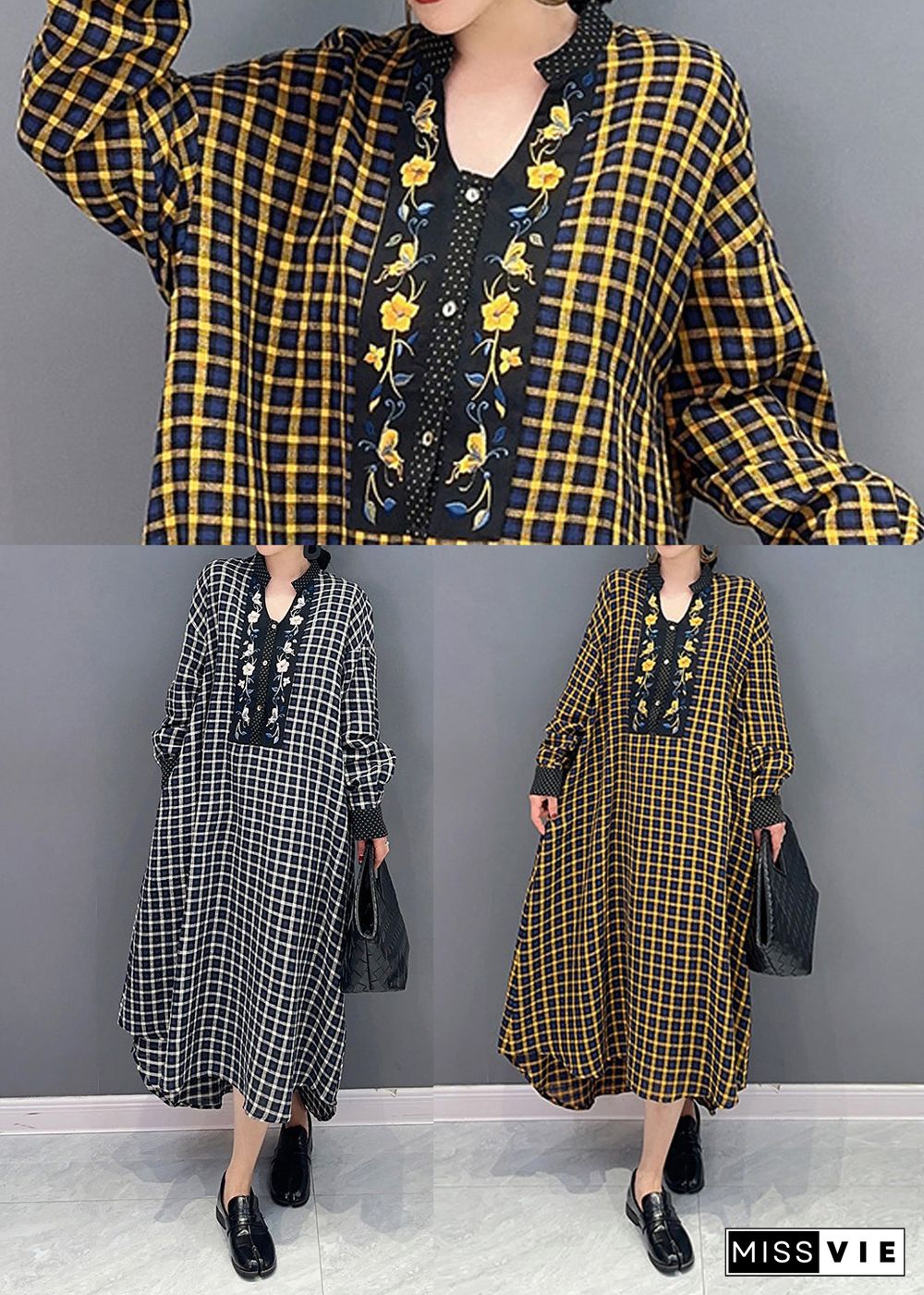 Yellow Plaid Patchwork Maxi Dresses Oversized Spring