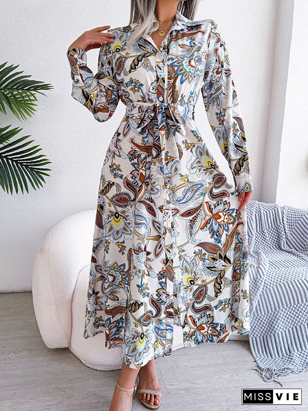 Long Sleeves Buttoned Flower Print Tied Waist Lapel Maxi Dresses