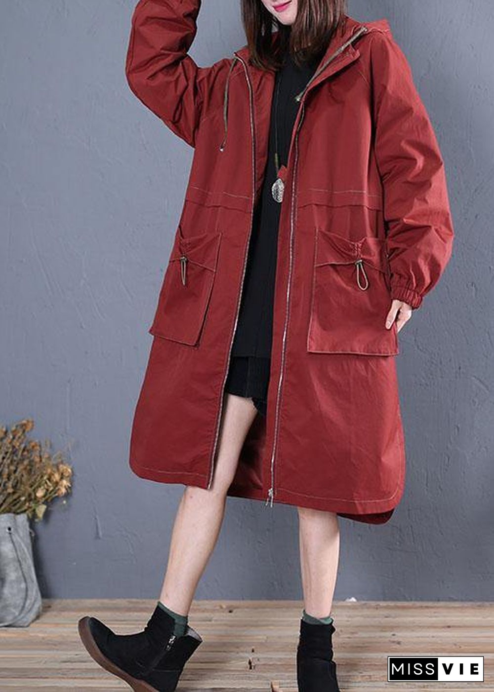 Elegant Loose fitting long jackets fall jacket red side open hooded Coat Women