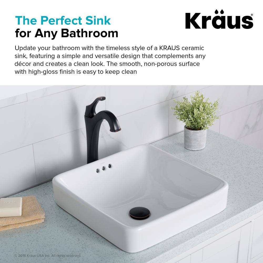 KRAUS Elavo Series Square Ceramic Semi-Recessed Bathroom Sink in White with Overflow KCR-281