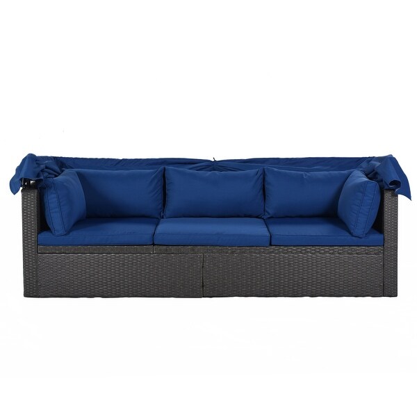 Roomfitters Outdoor Patio Rectangle Daybed with Retractable Canopy，Wicker Sectional Seating with Washable Cushions