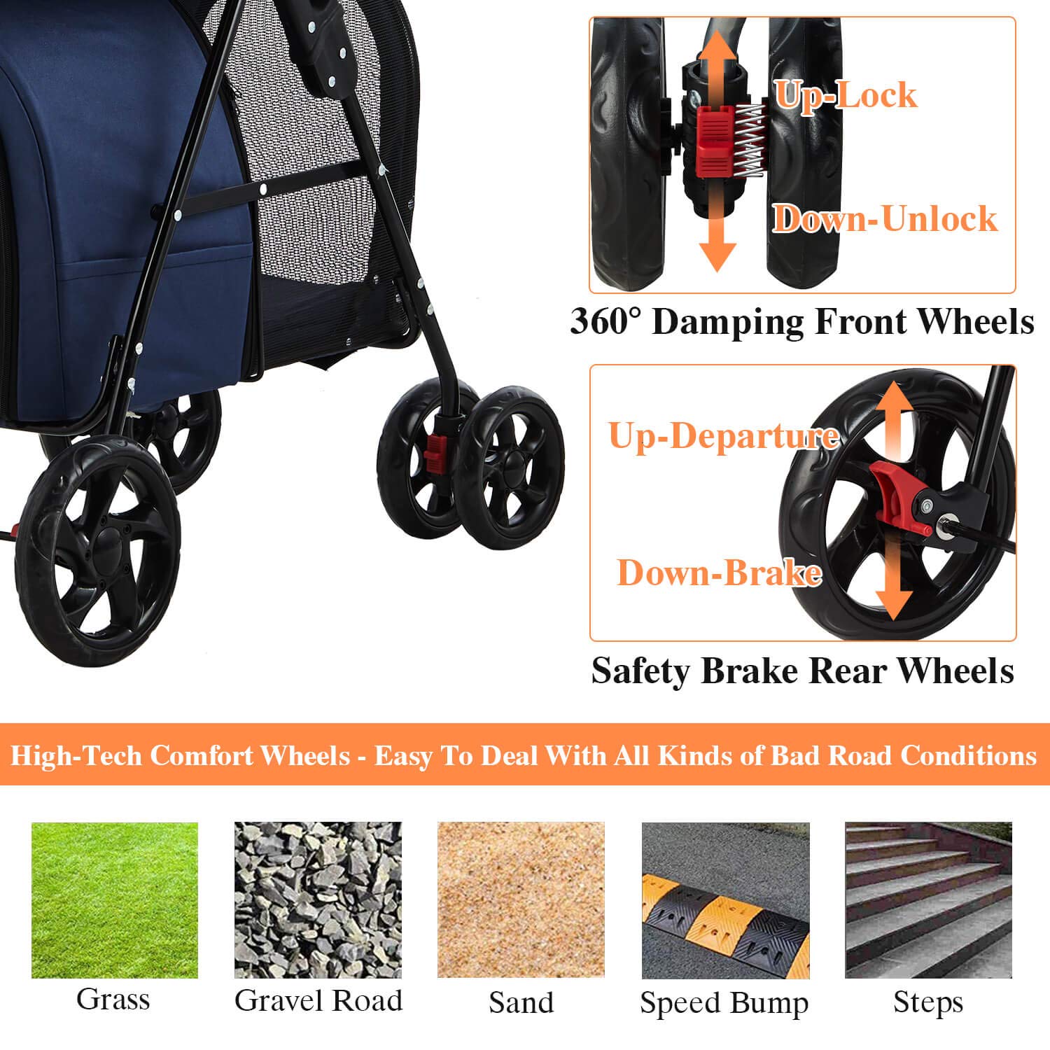 Double Pet Stroller 4-in-1 Folding Dog Strollers Travel Cart with 2 Detachable Carriersand4 Lockable Wheels for Small Medium Dogs Cats，Navy Blue