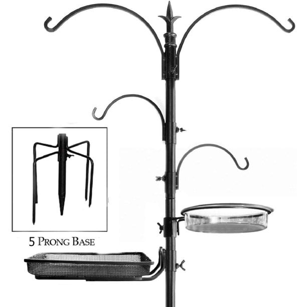 Premium Bird Feeding Station for Outside -22 inch Wide x 92 inch， Tall Multi Feeder Pole Stand Hanger， Black Color， with 4 Bird Feed Hanger and 5 Prong Base for Attracting Wild Birds，Hummingbirds