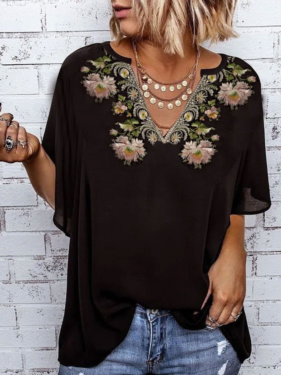 V-neck Printed Loose Short-sleeved T-shirt