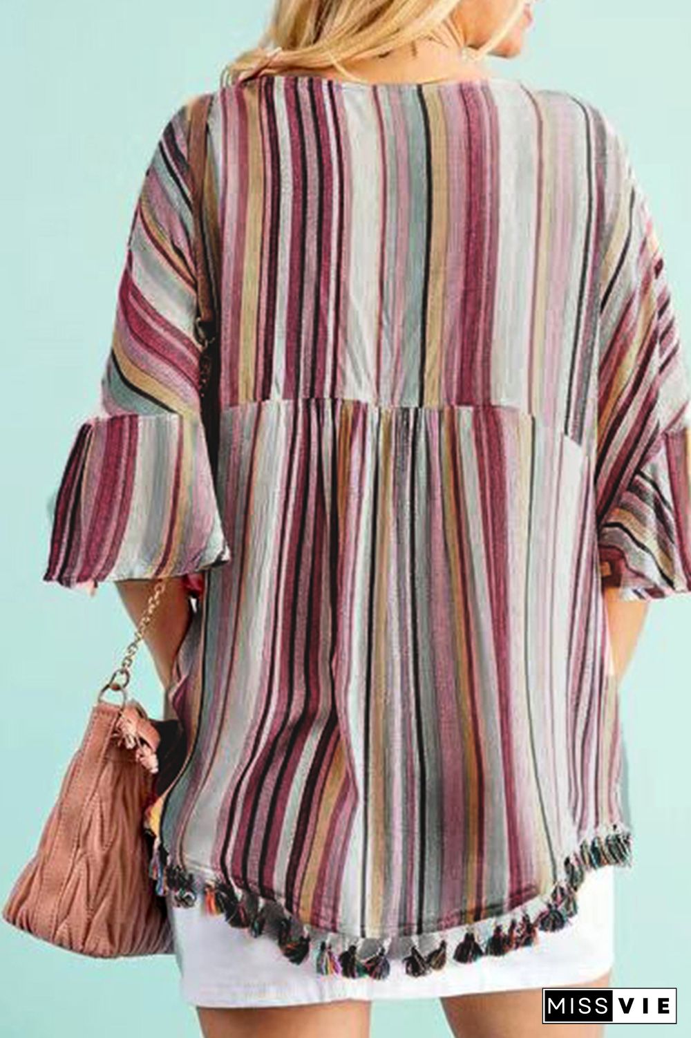 Colorful Stripe Print V-neck With Tassels Dress Cover Up Wholesale